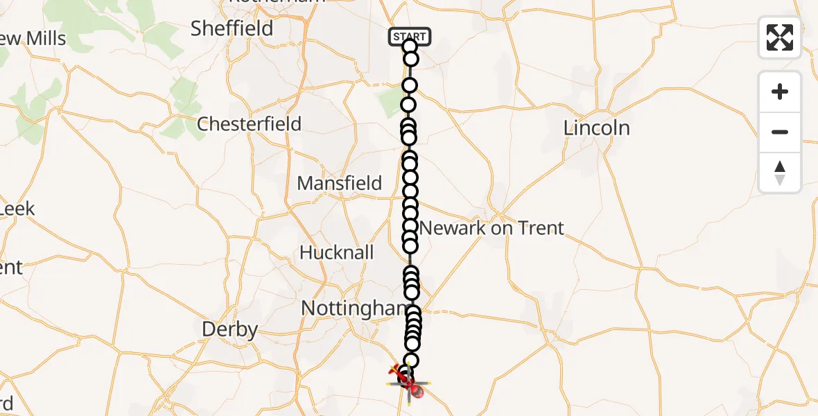 Flight route Air Ambulance Helicopter Torworth - Nottingham Heliport, 27 July 2026, 20:28