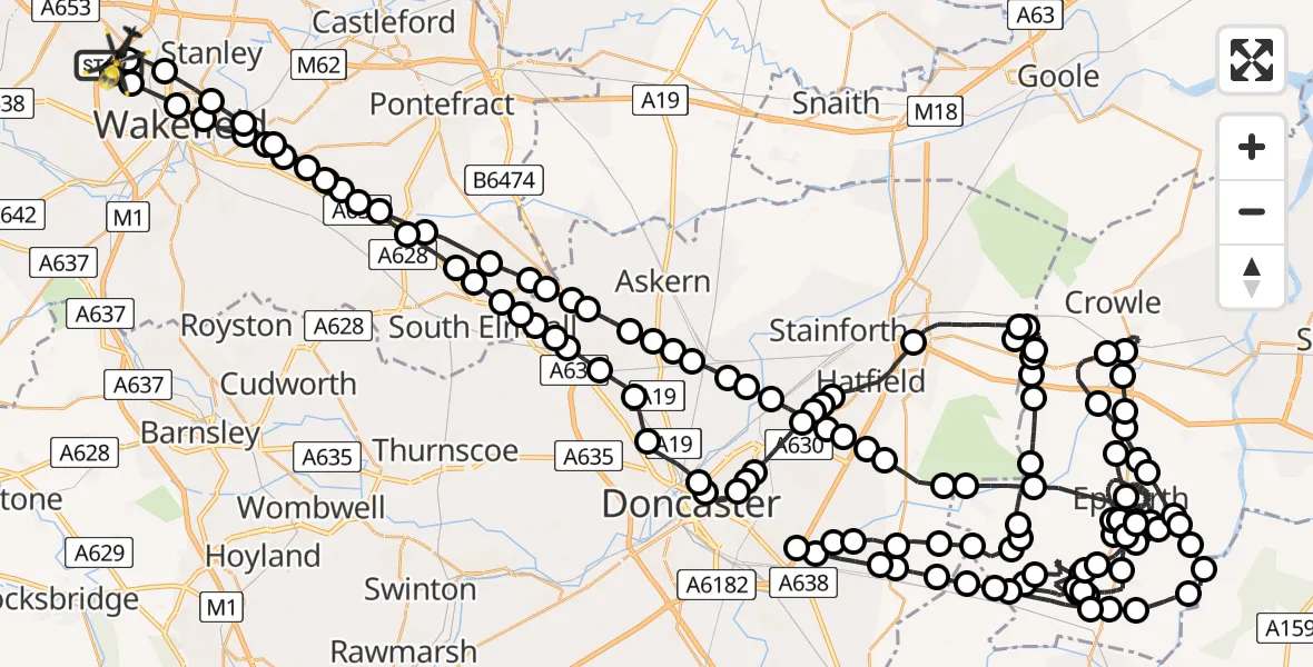 Flight route Police Helicopter East Ardsley - East Ardsley, 27 July 2026, 20:40