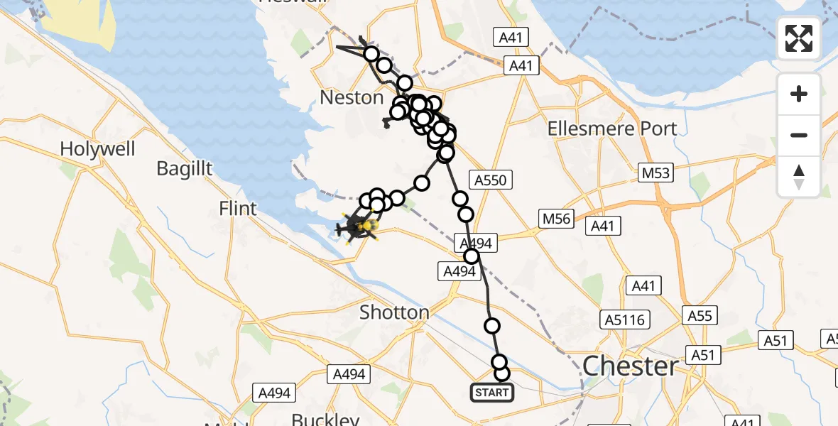 Flight route Police Helicopter Hawarden Airport - Connah's Quay, 27 July 2026, 20:55