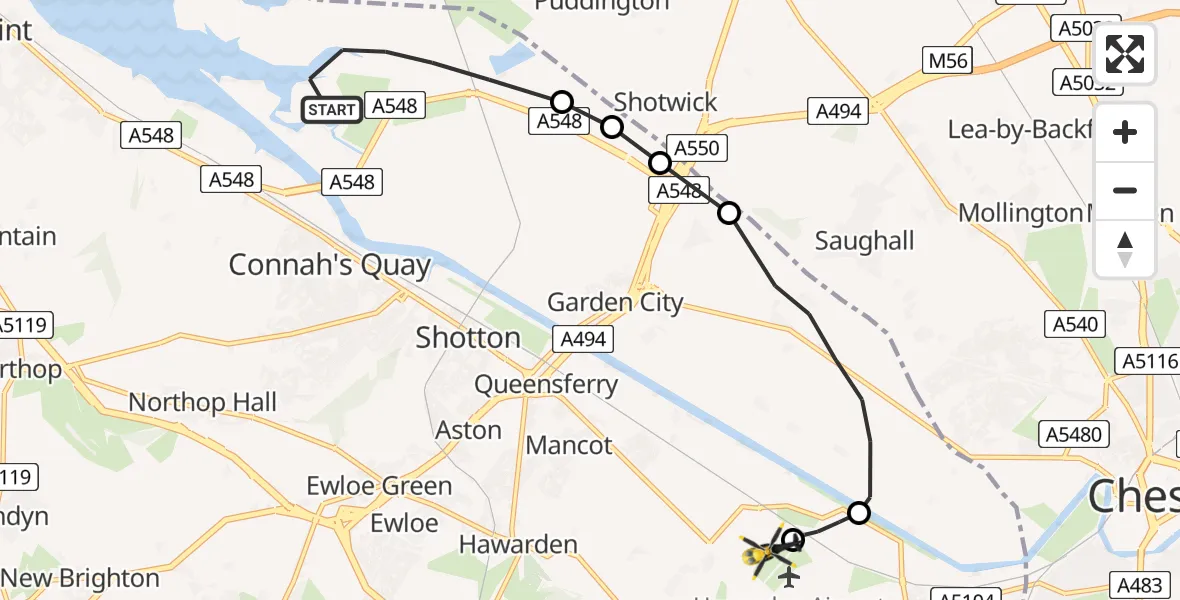 Flight route Police Helicopter Connah's Quay - Hawarden Airport, 27 July 2026, 21:37