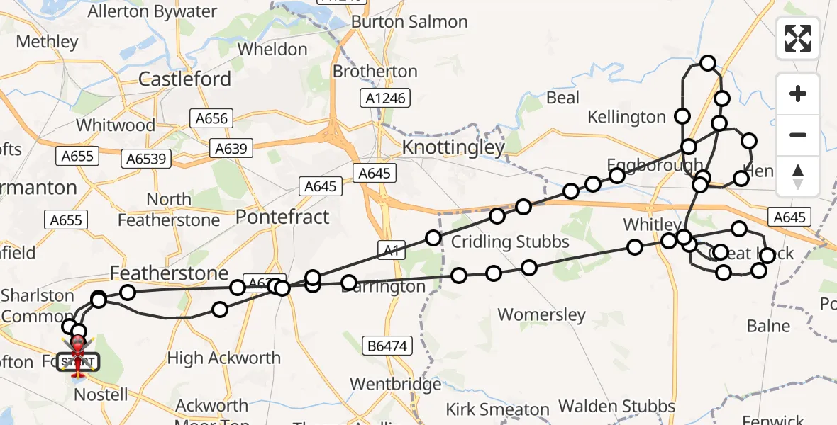 Flight route Air Ambulance Helicopter YAA Nostell Helicopter Port - YAA Nostell Helicopter Port, 27 July 2026, 21:37