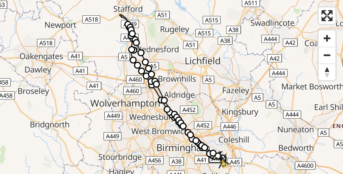 Flight route Police Helicopter Sheldon - Birmingham Airport, 27 July 2026, 22:21