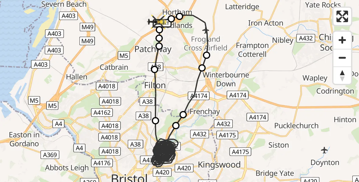 Flight route Police Helicopter Almondsbury Helicopter Base - Woodlands, 27 July 2026, 22:25