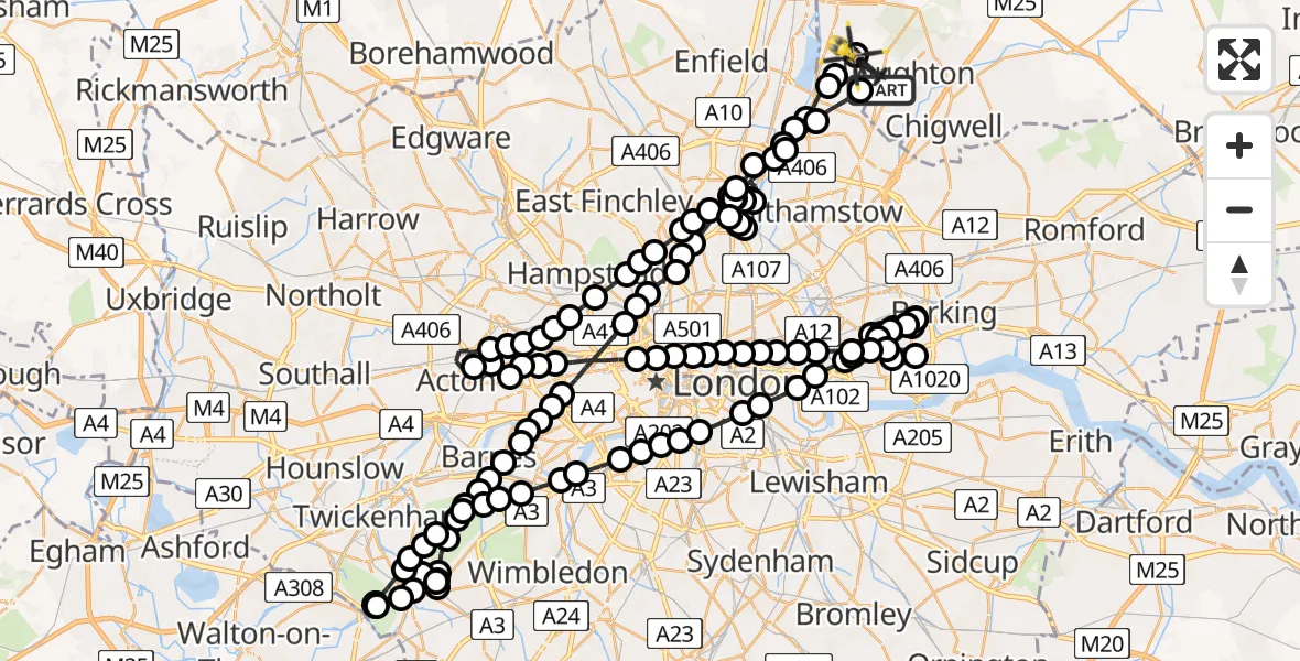 Flight route Police Helicopter Loughton - Metropolitan Police Air Support Unit Lippitts Hill, 27 July 2026, 22:32