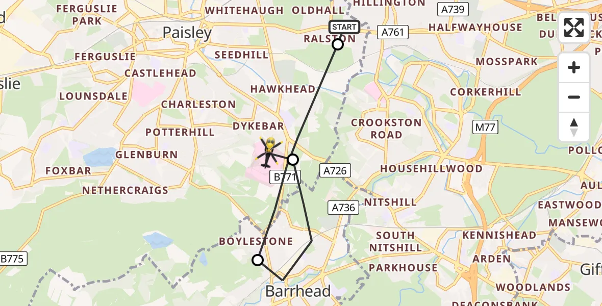 Flight route Police Helicopter Ralston - Paisley, 27 July 2026, 23:10