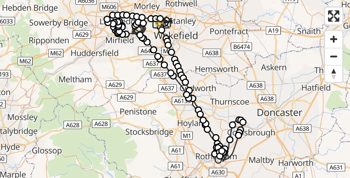 Flight route Police Helicopter East Ardsley - East Ardsley, 27 July 2026, 23:12