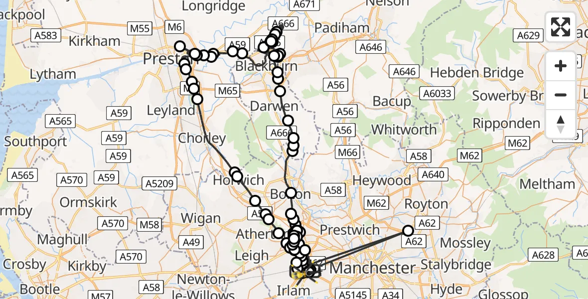Flight route Police Helicopter Manchester Barton Aerodrome - Manchester Barton Aerodrome, 28 July 2026, 00:53