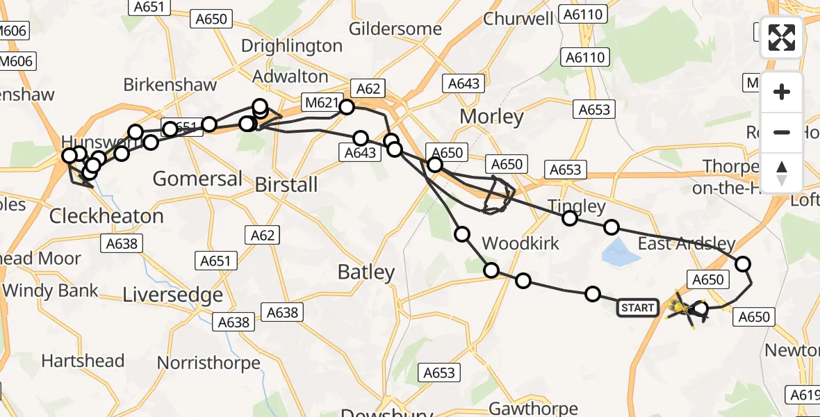 Flight route Police Helicopter East Ardsley - East Ardsley, 28 July 2026, 02:20