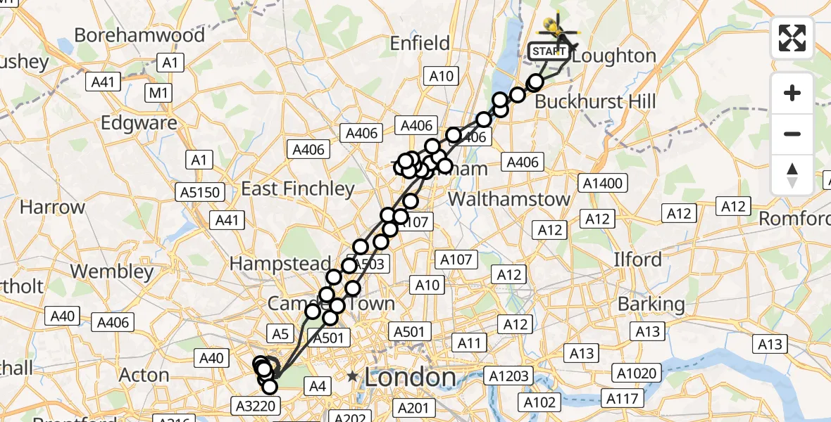 Flight route Police Helicopter Sewardstonebury - Metropolitan Police Air Support Unit Lippitts Hill, 28 July 2026, 03:38
