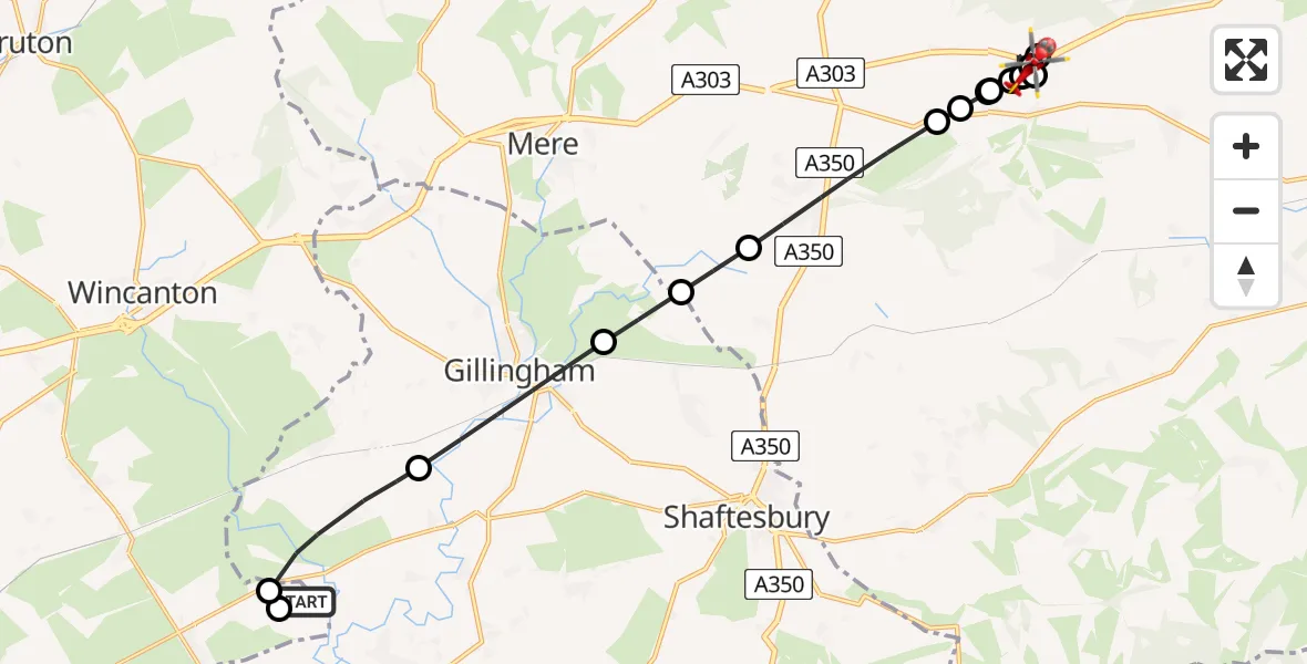 Flight route Air Ambulance Helicopter Henstridge Airfield - Chicklade, 28 July 2026, 06:31