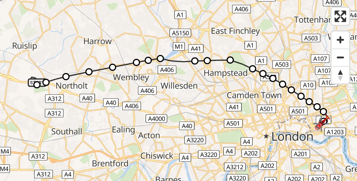 Flight route Air Ambulance Helicopter RAF Northolt - Royal London Hospital, 28 July 2026, 06:37