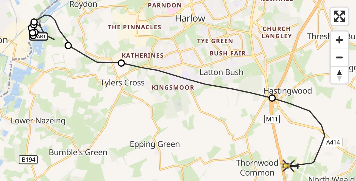 Flight route Police Helicopter Epping Forest - North Weald Airfield, 28 July 2026, 06:45