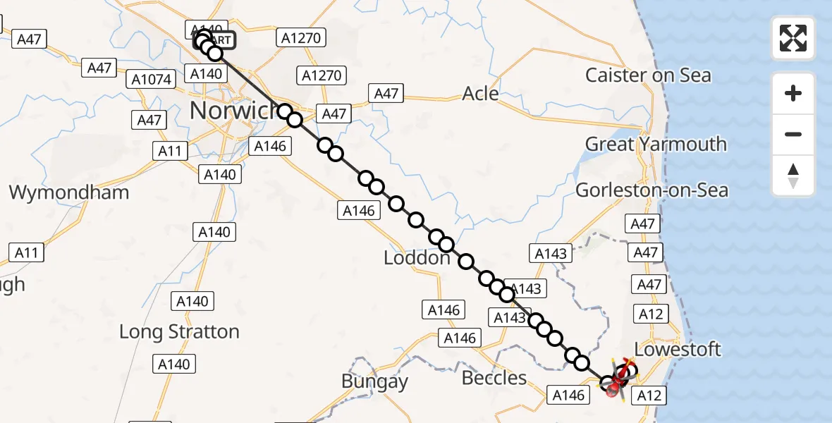 Flight route Air Ambulance Helicopter Norwich Airport - Carlton Colville, 28 July 2026, 06:48