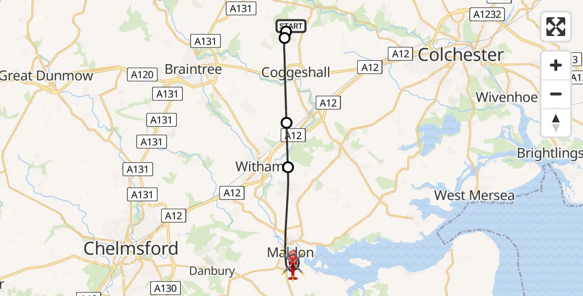 Flight route Air Ambulance Helicopter Earls Colne Airfield - Maldon, 28 July 2026, 06:49