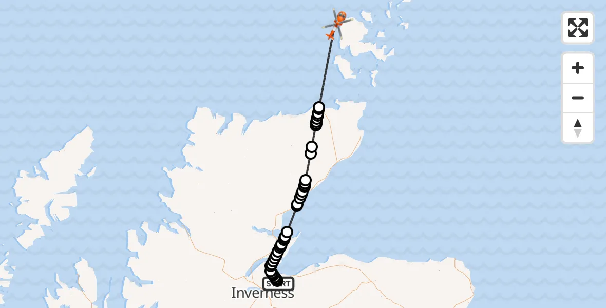 Flight route Coastguard Helicopter Inverness Airport - North Atlantic Ocean, 28 July 2026, 07:08