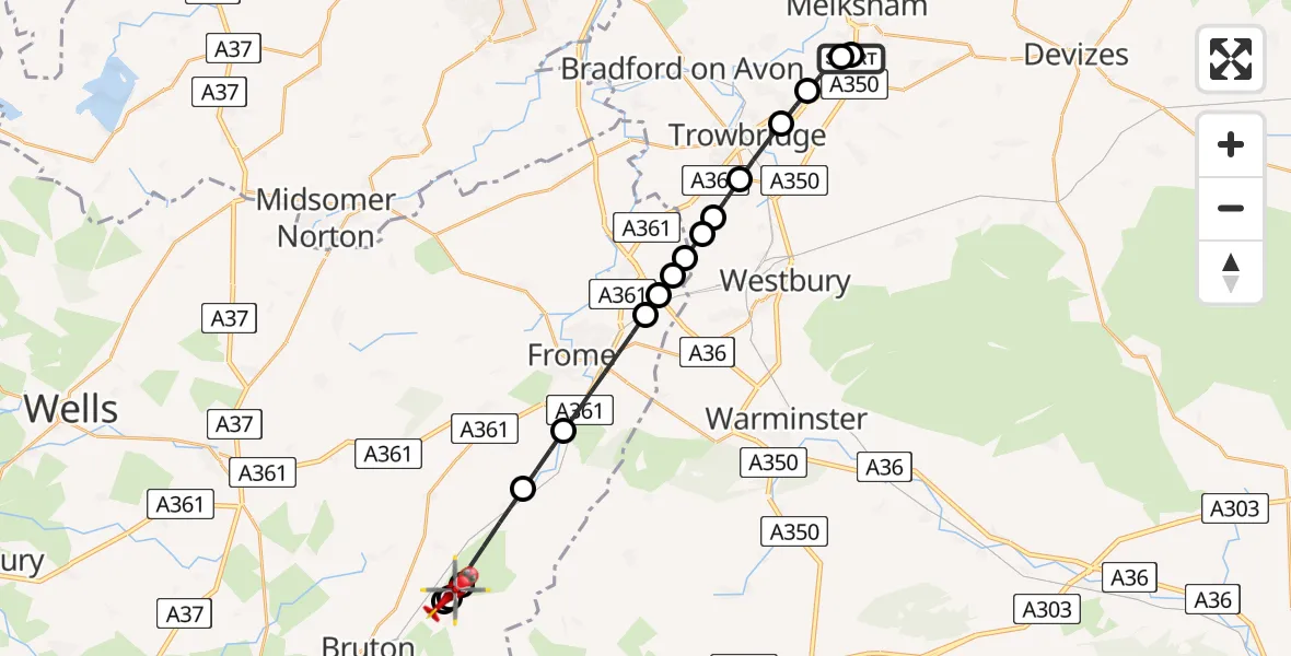 Flight route Air Ambulance Helicopter Wiltshire Air Ambulance - North Brewham, 28 July 2026, 07:26