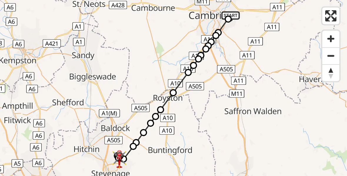 Flight route Air Ambulance Helicopter Cambridge City Airport - Stevenage, 28 July 2026, 07:30