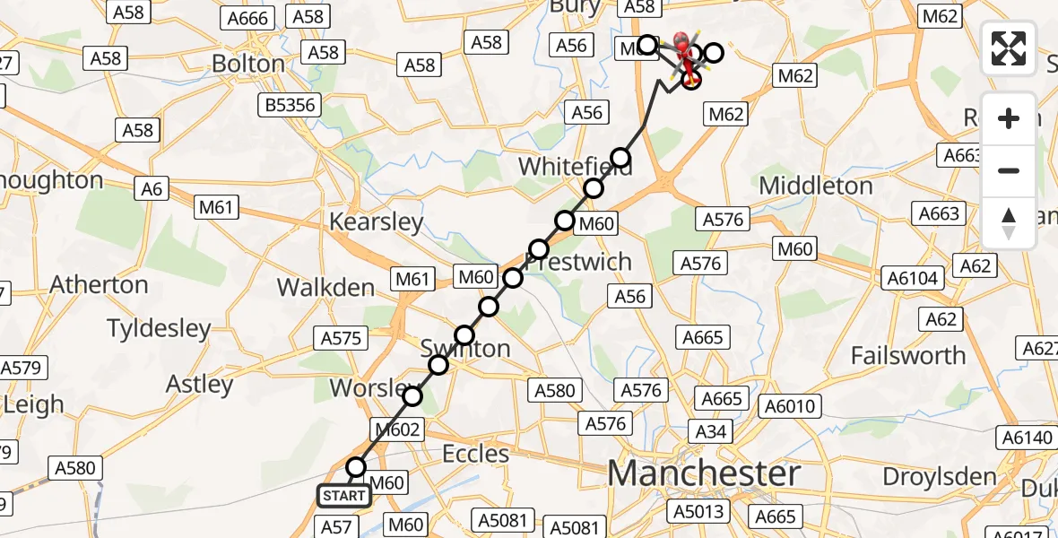 Flight route Air Ambulance Helicopter Manchester Barton Aerodrome - Rochdale, 28 July 2026, 07:30