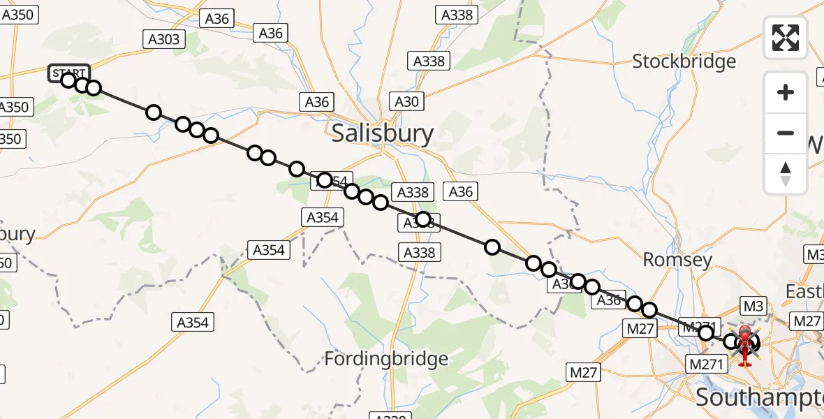 Flight route Air Ambulance Helicopter Chicklade - University Hospital Southampton, 28 July 2026, 07:40