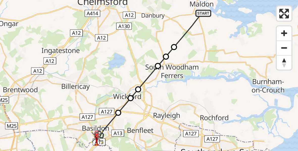 Flight route Air Ambulance Helicopter Maldon - Basildon, 28 July 2026, 07:56