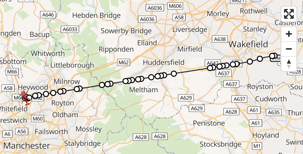 Flight route Air Ambulance Helicopter YAA Nostell Helicopter Port - Rochdale, 28 July 2026, 08:02
