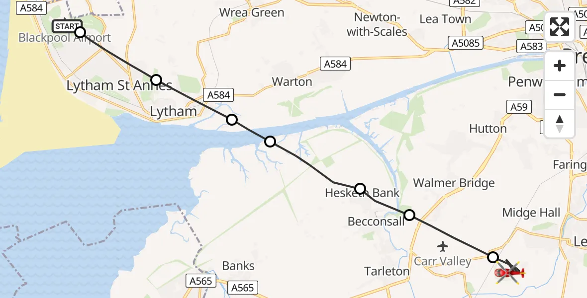 Flight route Air Ambulance Helicopter Blackpool Airport - Chorley, 28 July 2026, 08:02