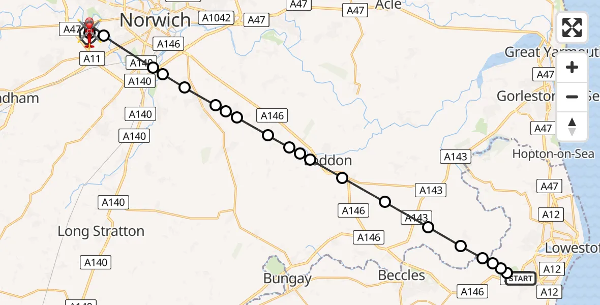Flight route Air Ambulance Helicopter Carlton Colville - Norfolk & Norwich Hospital, 28 July 2026, 08:03
