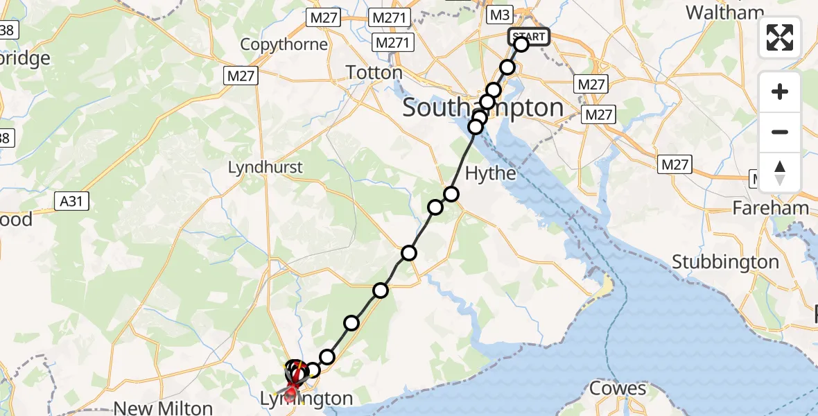 Flight route Air Ambulance Helicopter Mansbridge - Lymington, 28 July 2026, 08:03