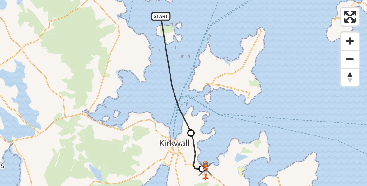 Flight route Coastguard Helicopter North Atlantic Ocean - Kirkwall Airport, 28 July 2026, 08:08