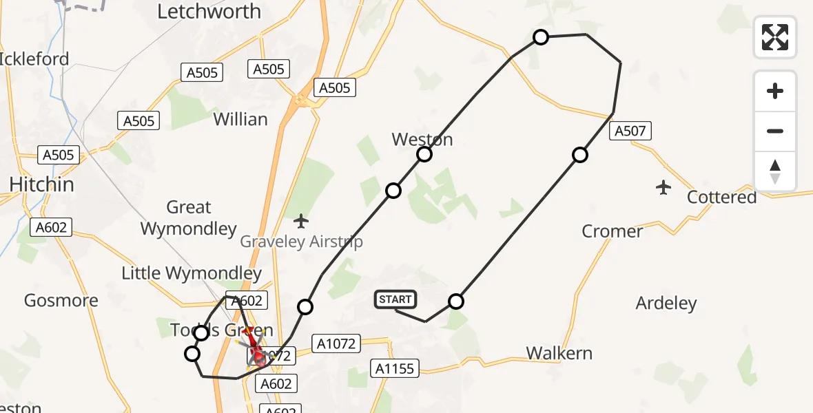 Flight route Air Ambulance Helicopter Stevenage - Stevenage, 28 July 2026, 08:10