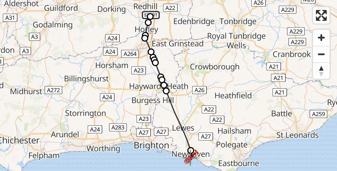 Flight route Air Ambulance Helicopter Redhill Aerodrome - Newhaven, 28 July 2026, 08:11