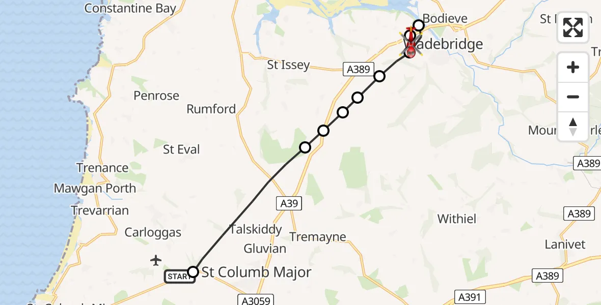 Flight route Air Ambulance Helicopter Cornwall Airport Newquay - Bodieve, 28 July 2026, 08:18