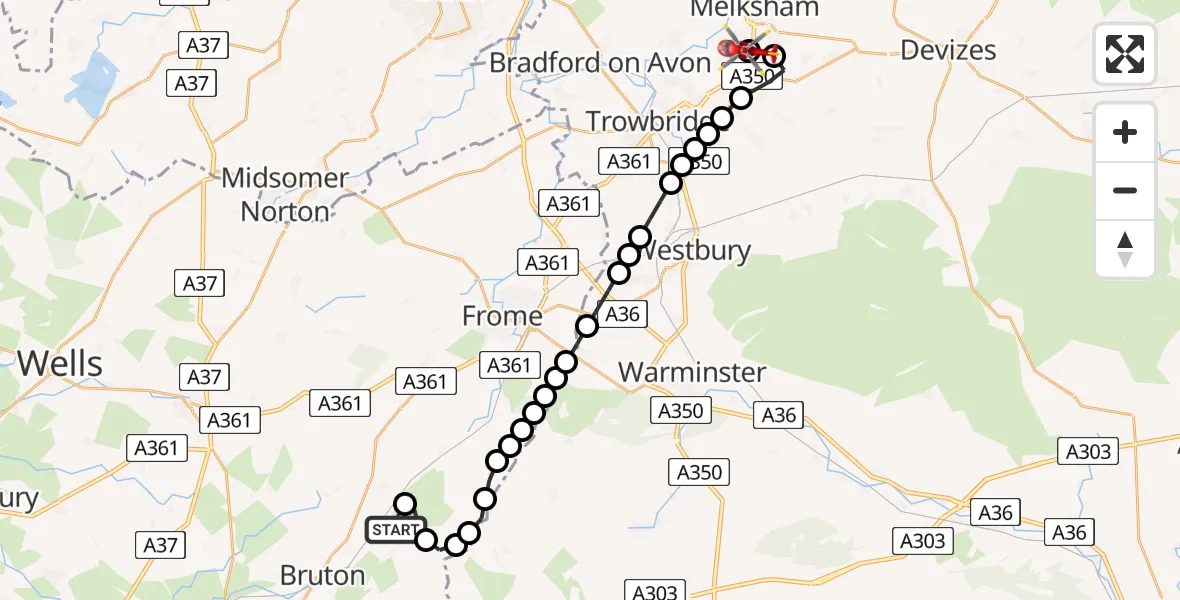 Flight route Air Ambulance Helicopter North Brewham - Wiltshire Air Ambulance, 28 July 2026, 08:31