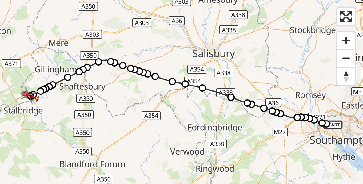 Flight route Air Ambulance Helicopter University Hospital Southampton - Henstridge Airfield, 28 July 2026, 08:44