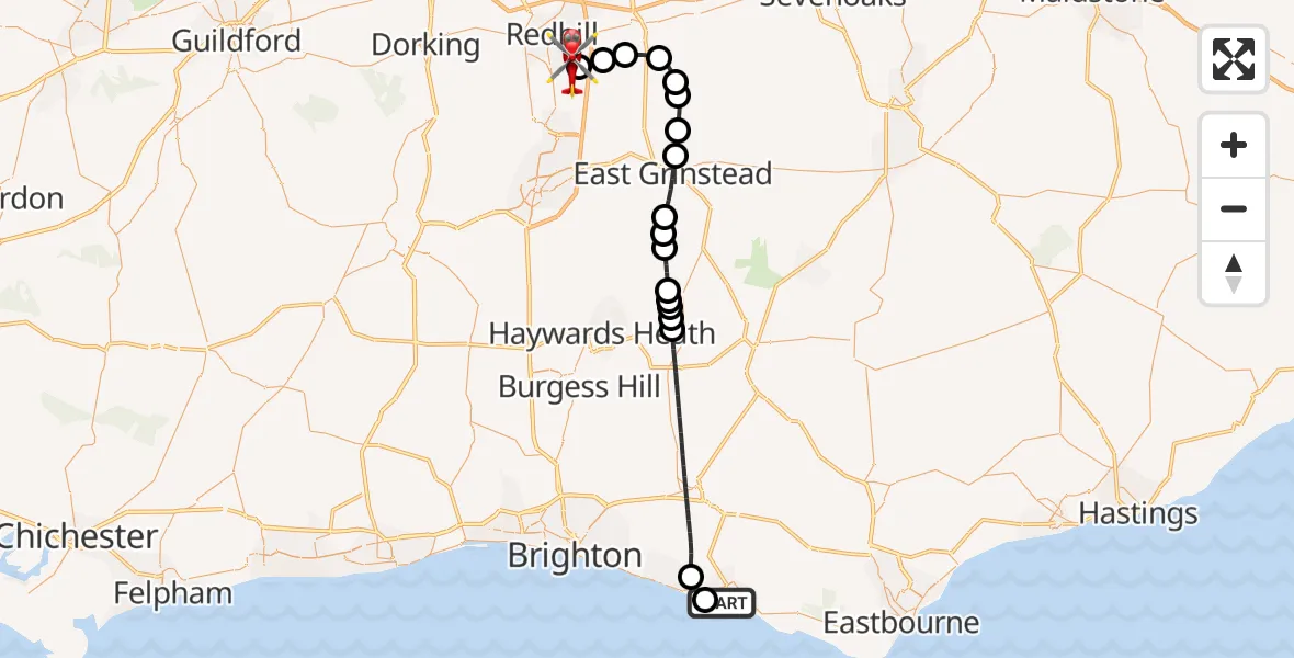 Flight route Air Ambulance Helicopter Newhaven - Redhill Aerodrome, 28 July 2026, 08:50