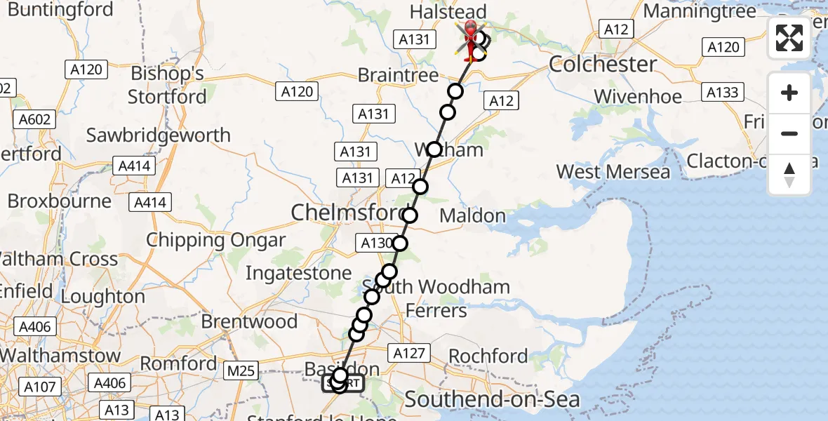 Flight route Air Ambulance Helicopter Basildon - Earls Colne Airfield, 28 July 2026, 08:54