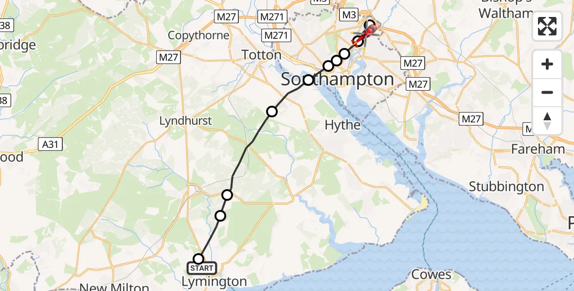 Flight route Air Ambulance Helicopter Lymington - Bitterne Park, 28 July 2026, 08:55