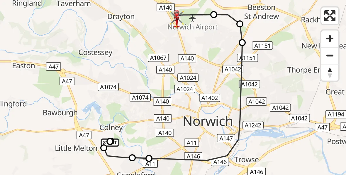 Flight route Air Ambulance Helicopter Norfolk & Norwich Hospital - Norwich Airport, 28 July 2026, 08:57