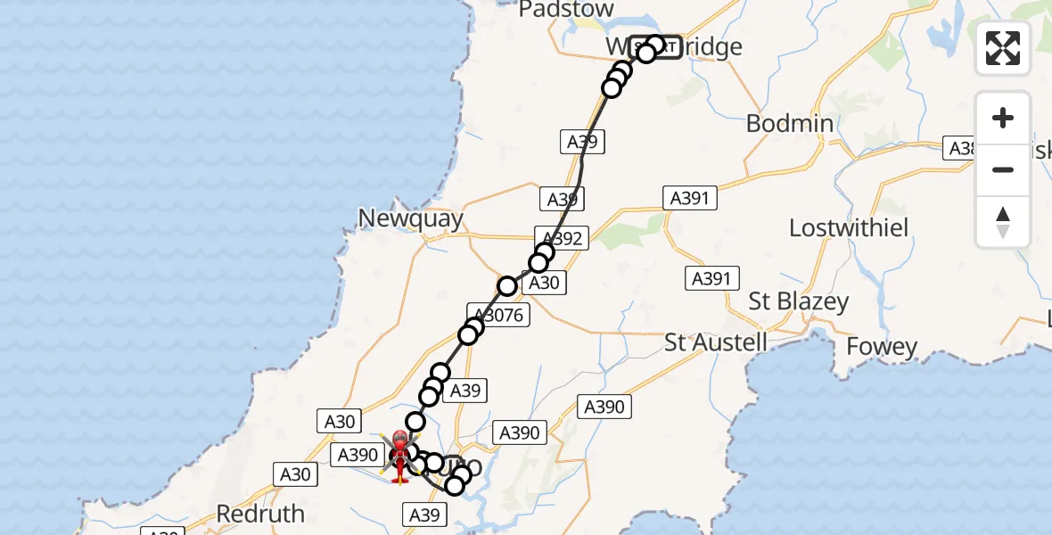 Flight route Air Ambulance Helicopter Wadebridge - Treliske Hospital, 28 July 2026, 09:03
