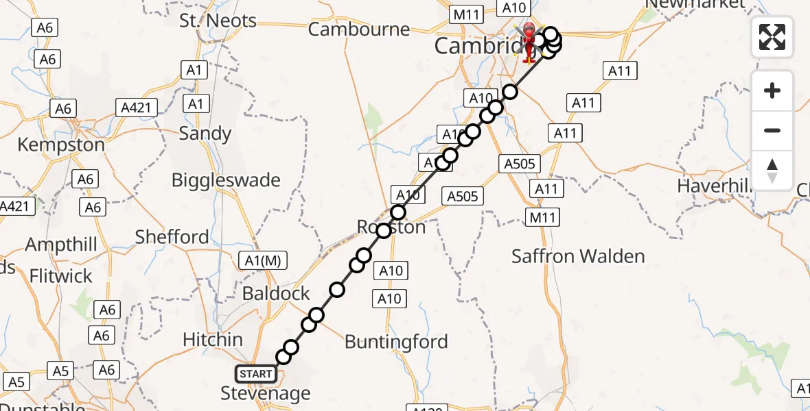 Flight route Air Ambulance Helicopter Stevenage - Cambridge City Airport, 28 July 2026, 09:04