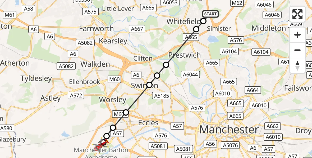 Flight route Air Ambulance Helicopter Bury - Manchester Barton Aerodrome, 28 July 2026, 09:08