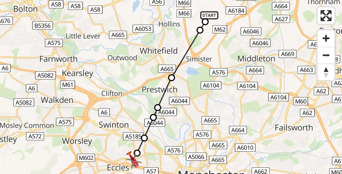 Flight route Air Ambulance Helicopter Rochdale - Pendlebury, 28 July 2026, 09:17