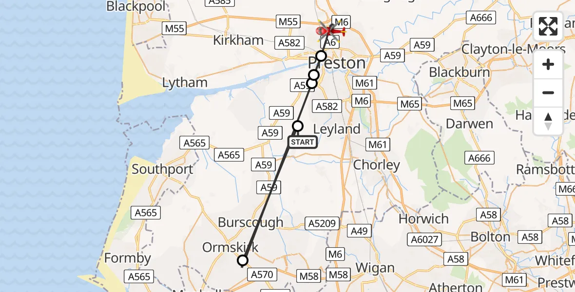 Flight route Air Ambulance Helicopter Chorley - Preston, 28 July 2026, 09:23