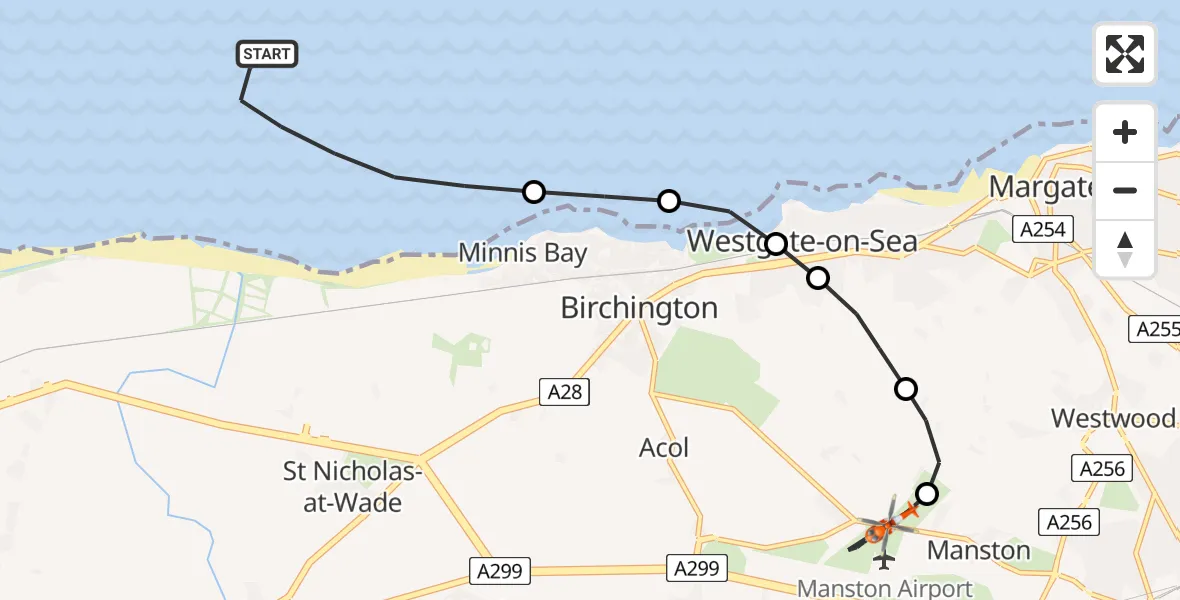 Flight route Coastguard Helicopter North Sea - Manston Airport, 28 July 2026, 09:35