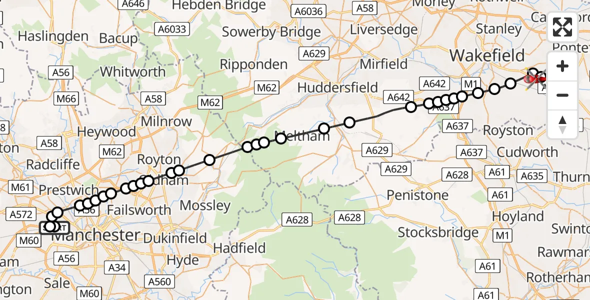 Flight route Air Ambulance Helicopter Eccles - YAA Nostell Helicopter Port, 28 July 2026, 09:39