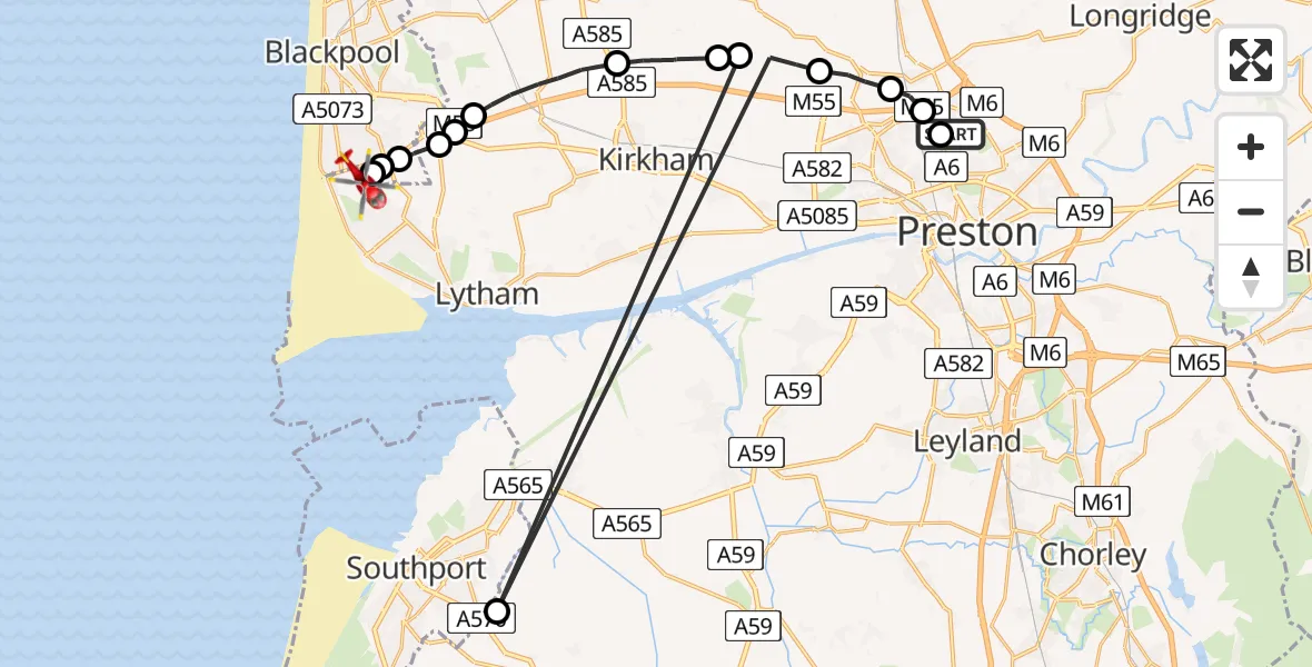 Flight route Air Ambulance Helicopter Royal Preston - Blackpool Airport, 28 July 2026, 09:52