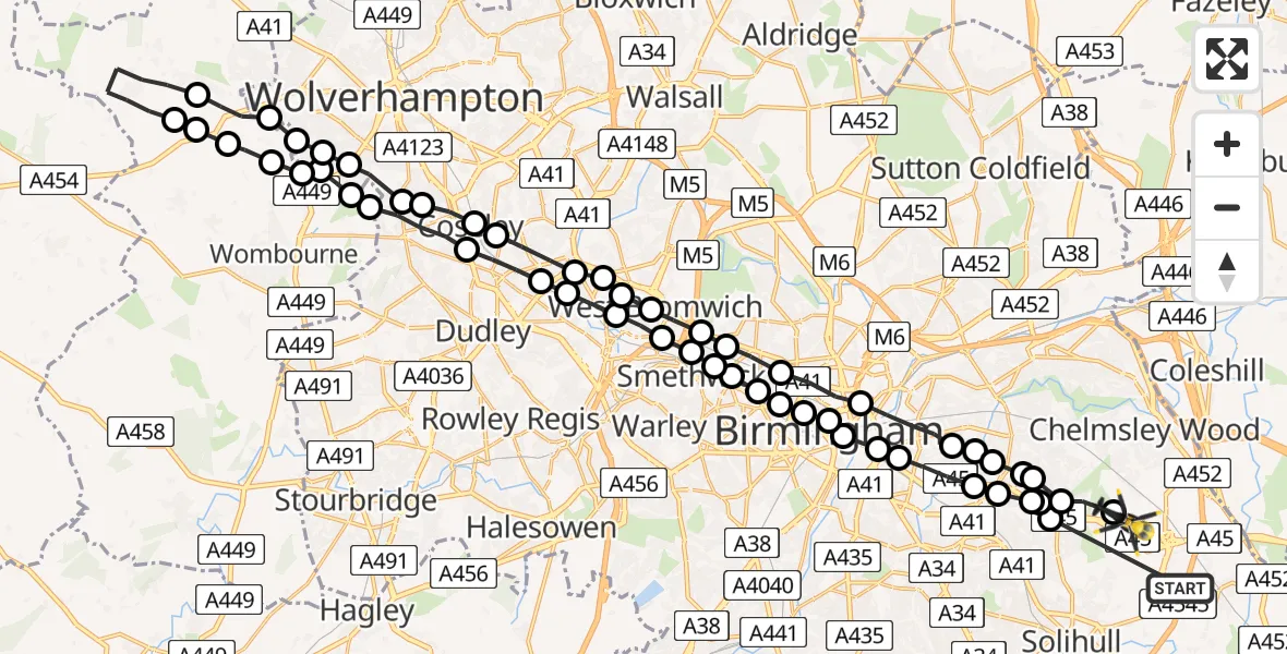 Flight route Police Helicopter Solihull - Birmingham Airport, 28 July 2026, 10:00
