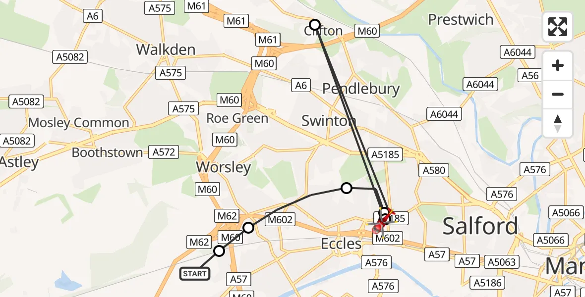 Flight route Air Ambulance Helicopter Manchester Barton Aerodrome - Pendlebury, 28 July 2026, 10:12