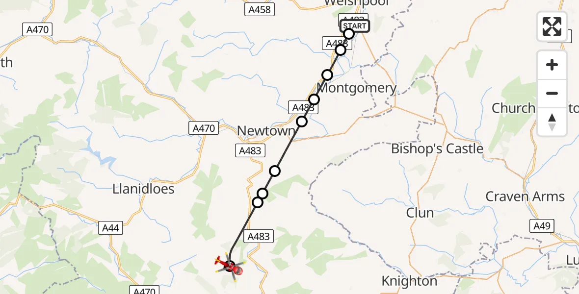 Flight route Air Ambulance Helicopter Welshpool Airport - Abbey Cwmhir, 28 July 2026, 10:14