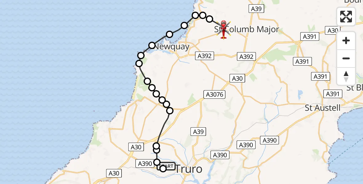 Flight route Air Ambulance Helicopter Treliske Hospital - Cornwall Airport Newquay, 28 July 2026, 10:19